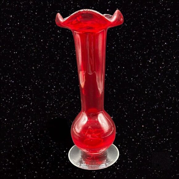 Art Glass Vase Crackle Bottom Ruby Red Ruffled Top Clear Bottom Glass 8”T 3.25”W - Picture 8 of 9